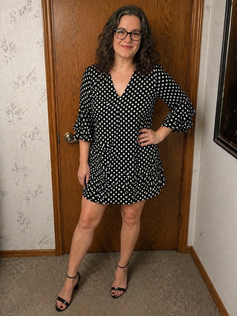 Calvin Klein Black And White Polka Dot V-Neck Mini Dress